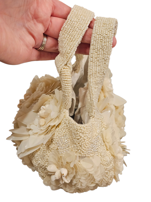 Ivory Seed-Beaded/Floral/Shell Basket Handbag