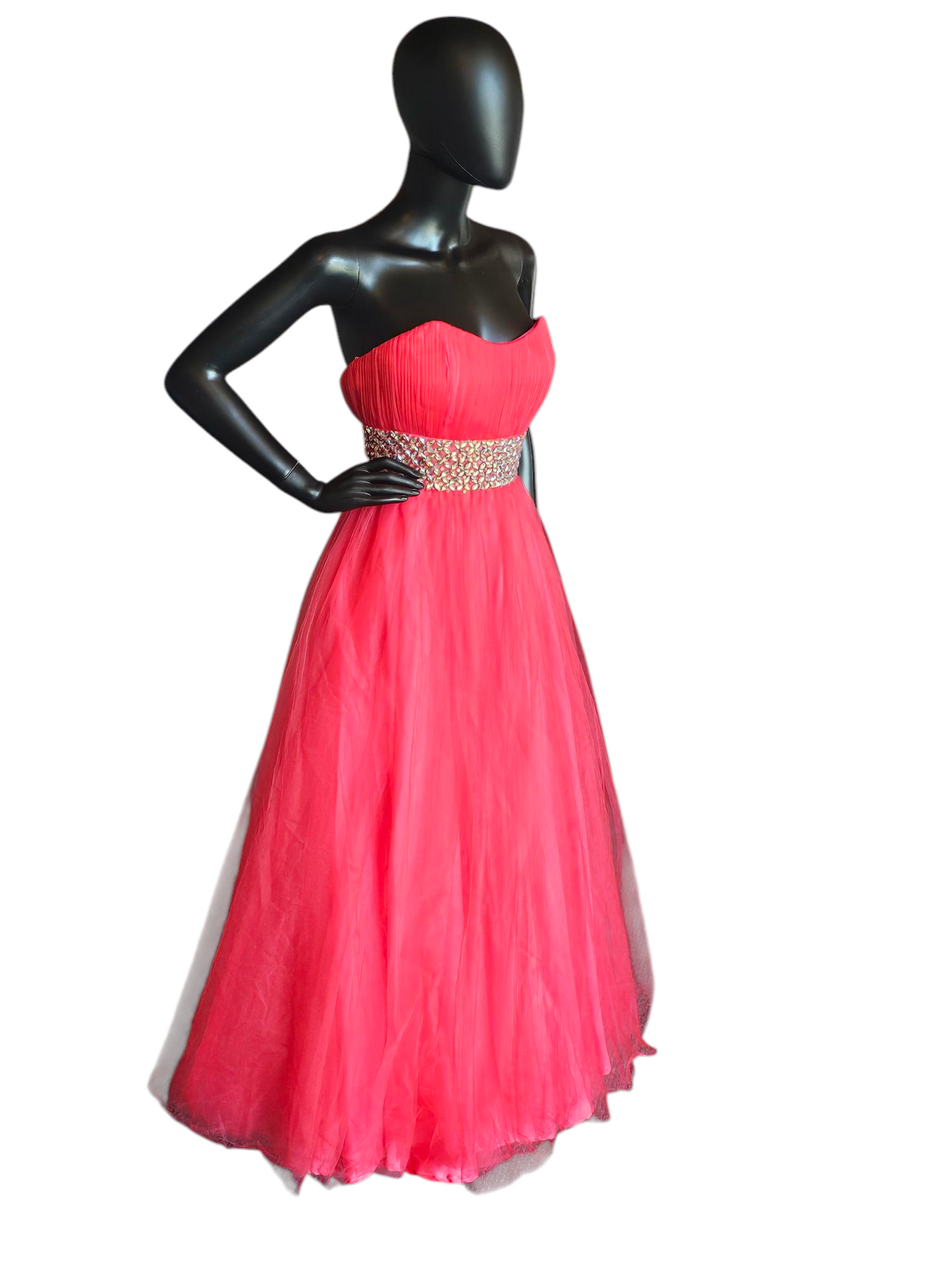 Pink/Coral Tulle Crystal A-line Formal Gown