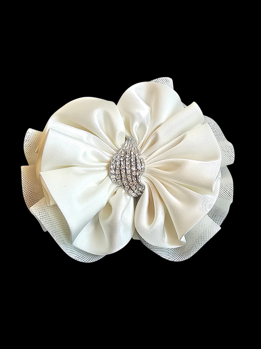 Ivory Satin Silver Rhinestone Bow Clip
