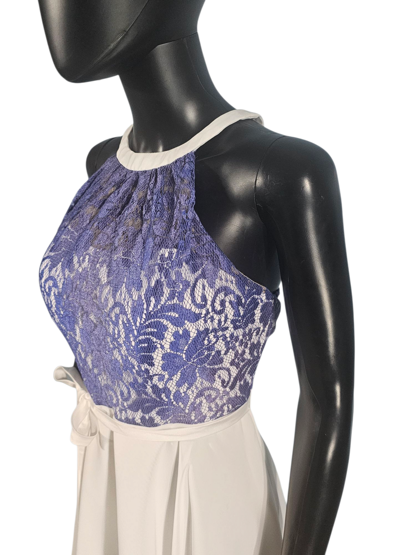 Blue Lace/White Chiffon Halter Mid-Length Dress - Da Vinci