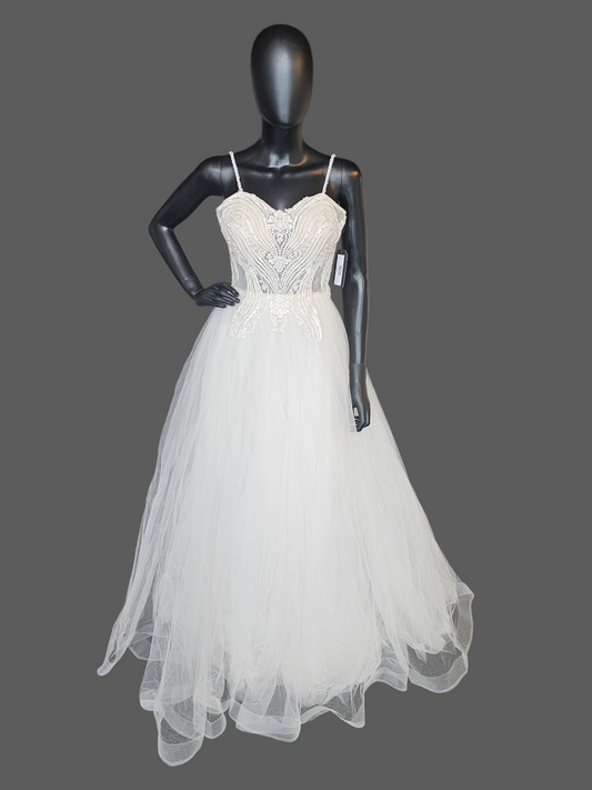 Ivory Spaghetti Strap Illusion Bodice Tulle A-Line Wedding Gown - Di La Sena - NWT