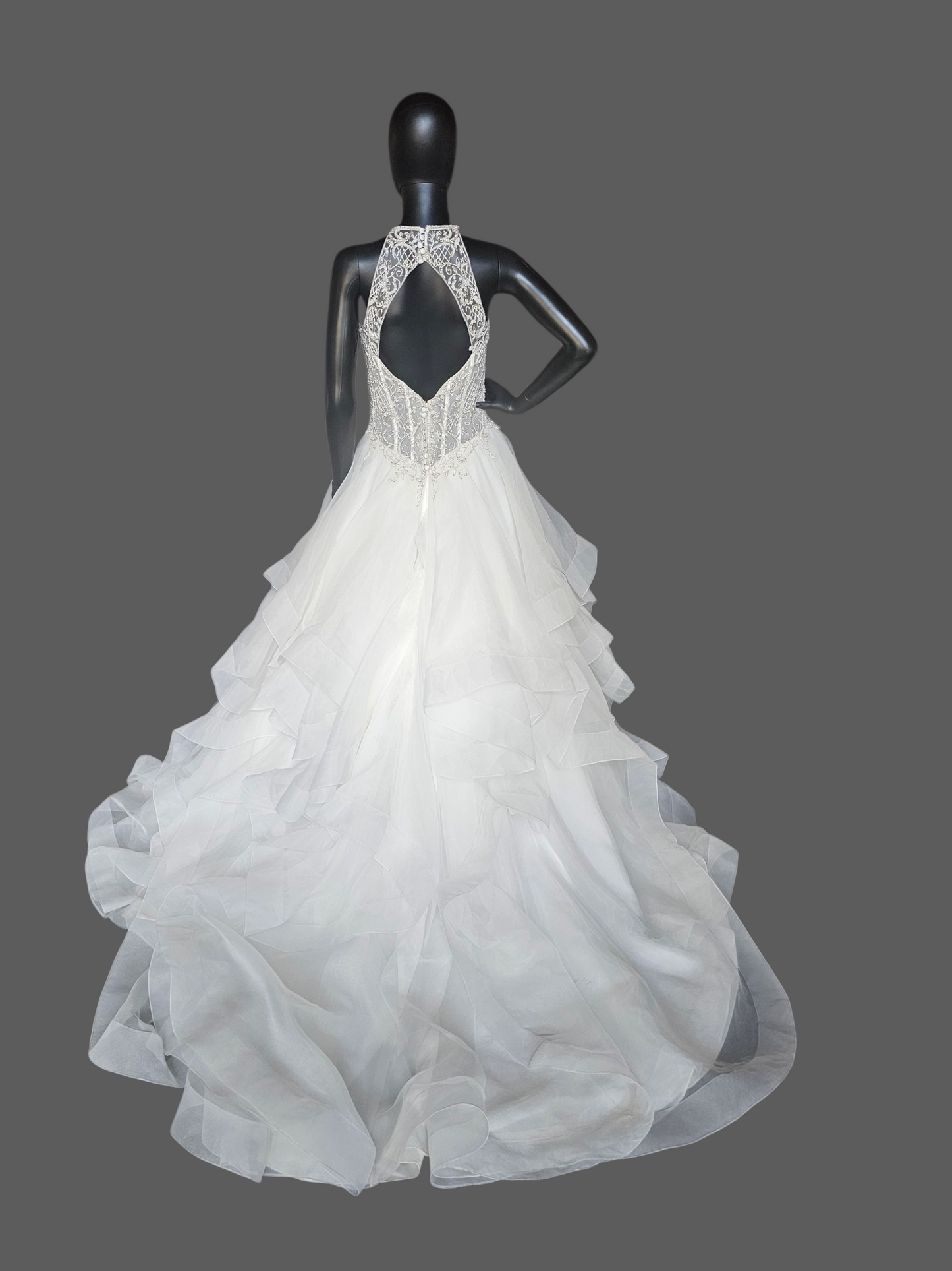 Ivory Horsehair Tiered Illusion Halter A-line NWOT Wedding Gown - Mori Lee