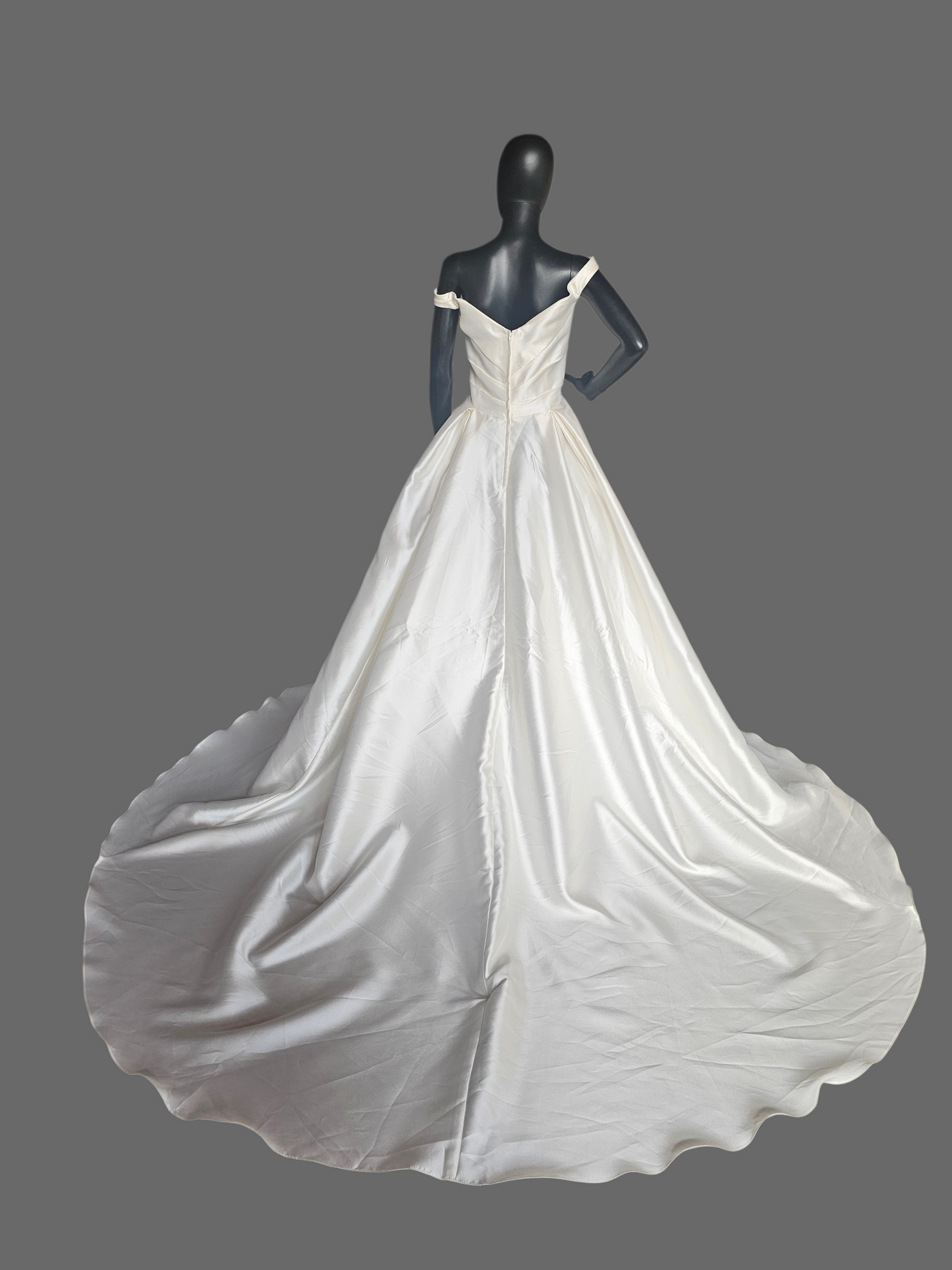 Ivory Mikado Off Shoulder  A-Line Wedding Gown W/Removable Bow - Ashley + Justin