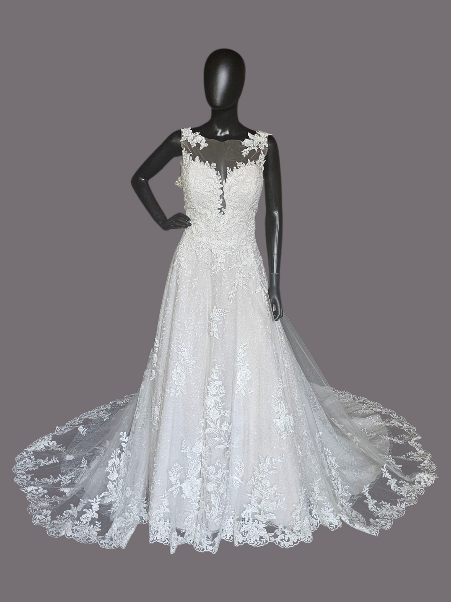 Ivory Illusion Neckline Plunge A-Line Floral Lace Wedding Gown - Morilee