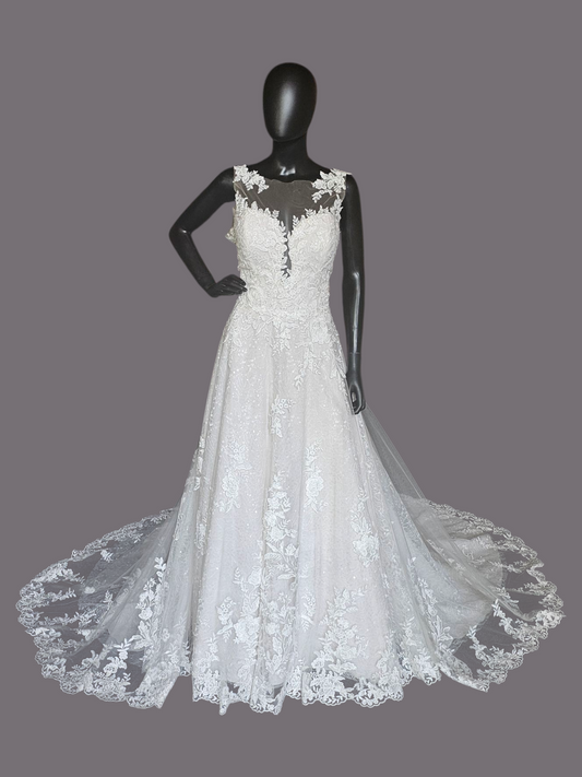 Ivory Illusion Neckline Plunge A-Line Floral Lace Wedding Gown - Morilee