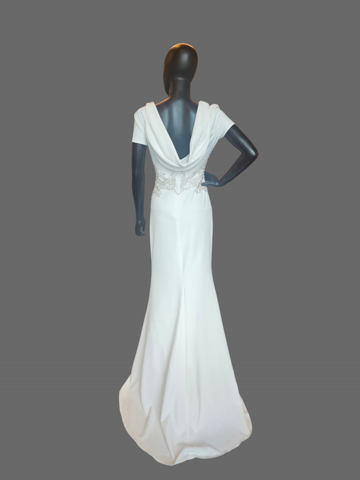Ivory Wedding Gown Cap Sleeve Sheath Beaded With Peral Design Around The Dress Cowl Back  - Franssical