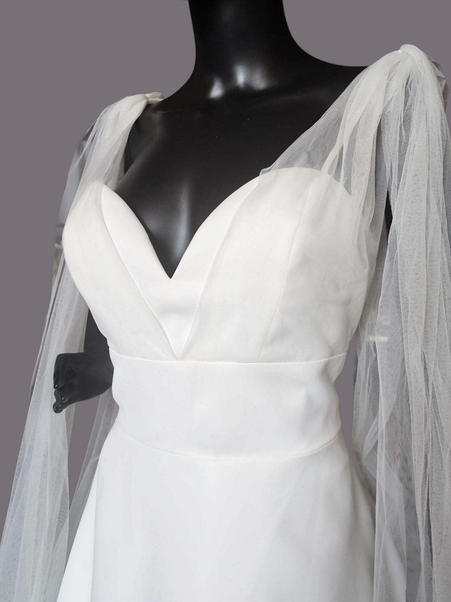 Plunge V-Neck Tulle Arm Detail Wedding Gown - Amy & Eve