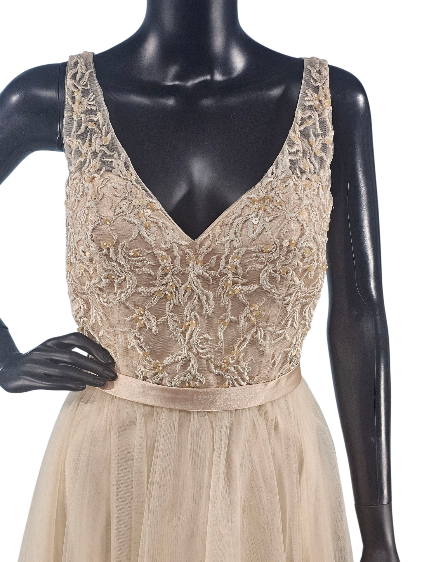Champagne V-Neck Embroidered Formal Dress - Mori Lee