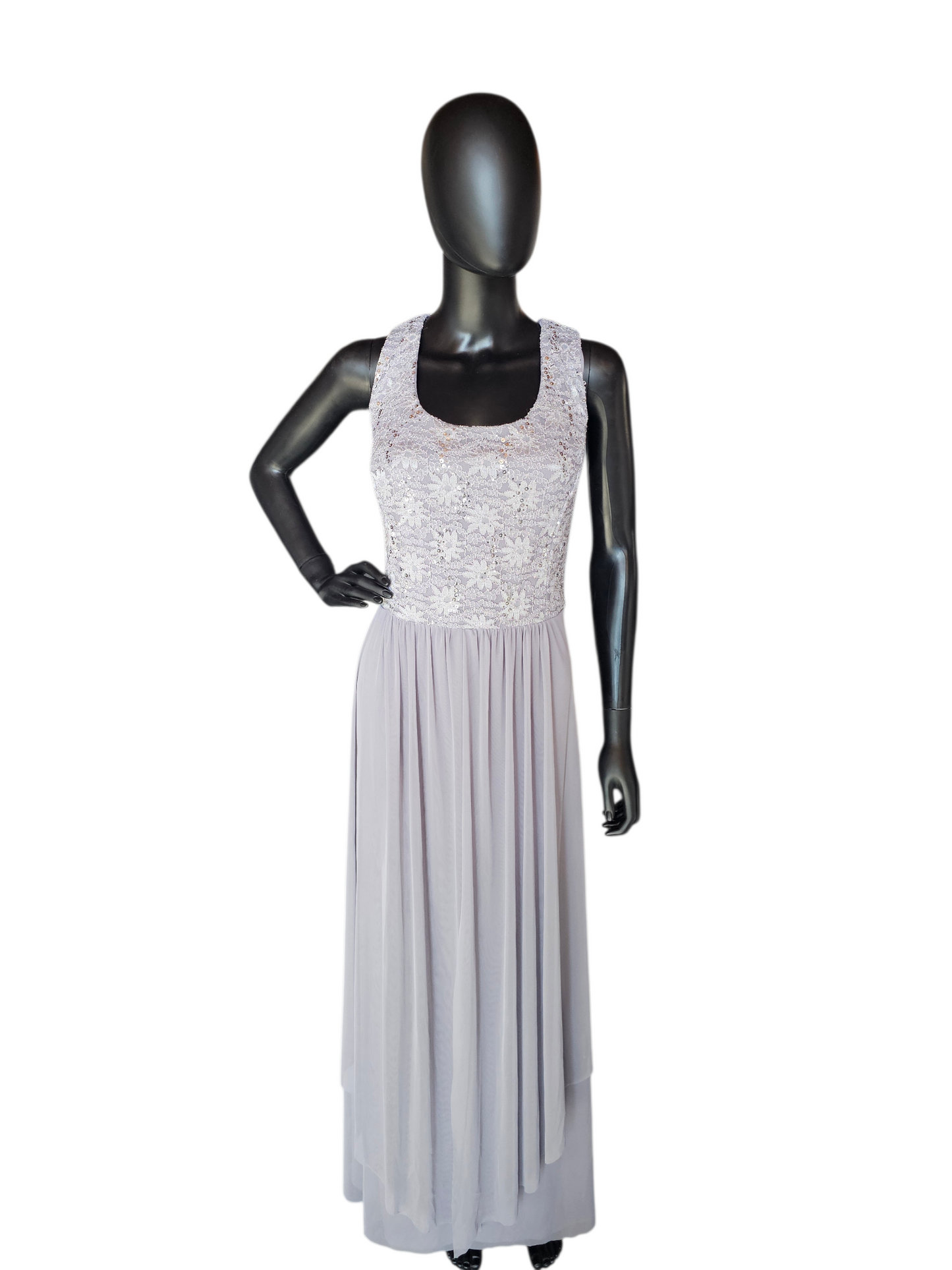 Silver/Grey Lace 3/4 Sleeve Jacket Formal Dress - R + M Richards