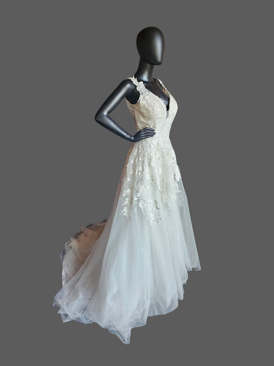 V-Neck Lace Applique Illusion Bodice A Line Wedding Gown - Petite