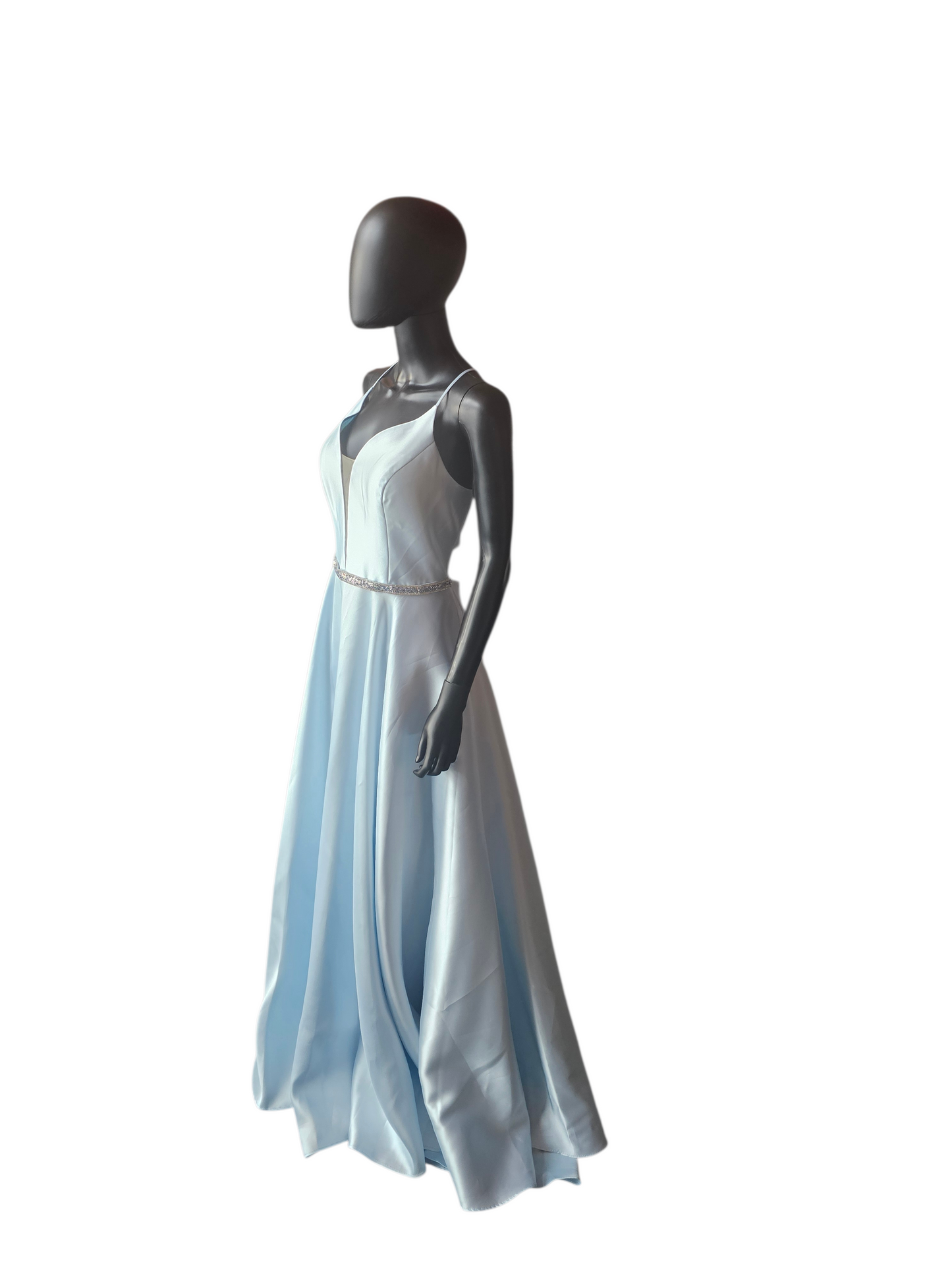 Periwinkle Plunge Belted A-Line Mikado Formal Dress