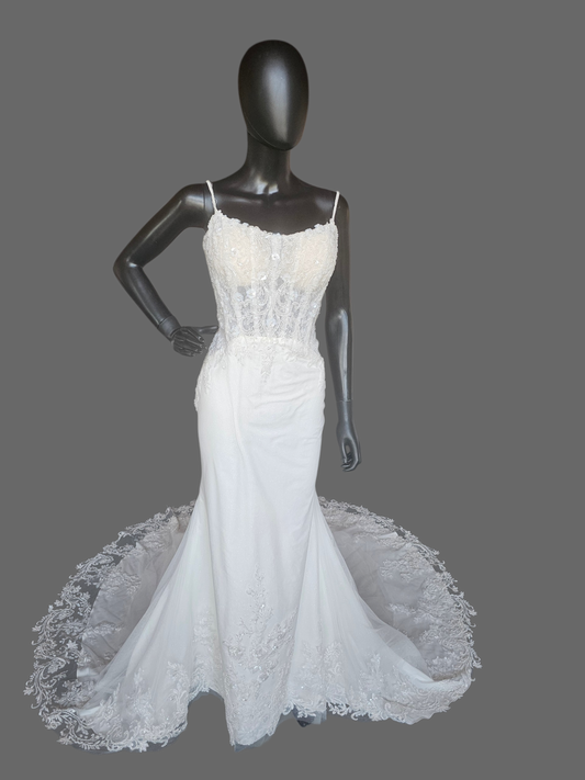 Ivory Overlay Floral Beaded Glitter Fit/Flare Wedding Gown - Davinci