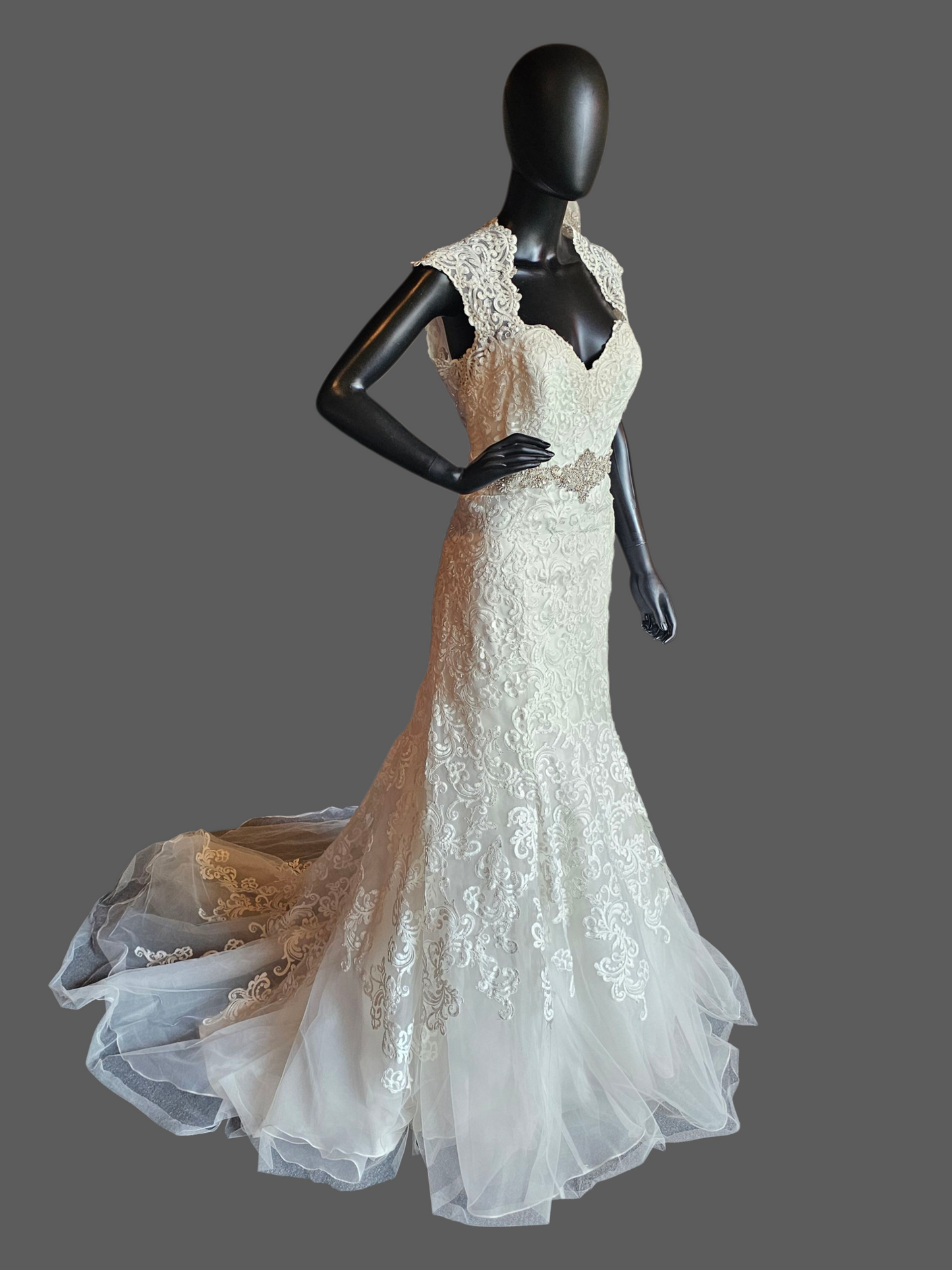 Ivory Lace Queen Anne Cap Sleeve Fit/Flare Wedding Gown - Mori Lee