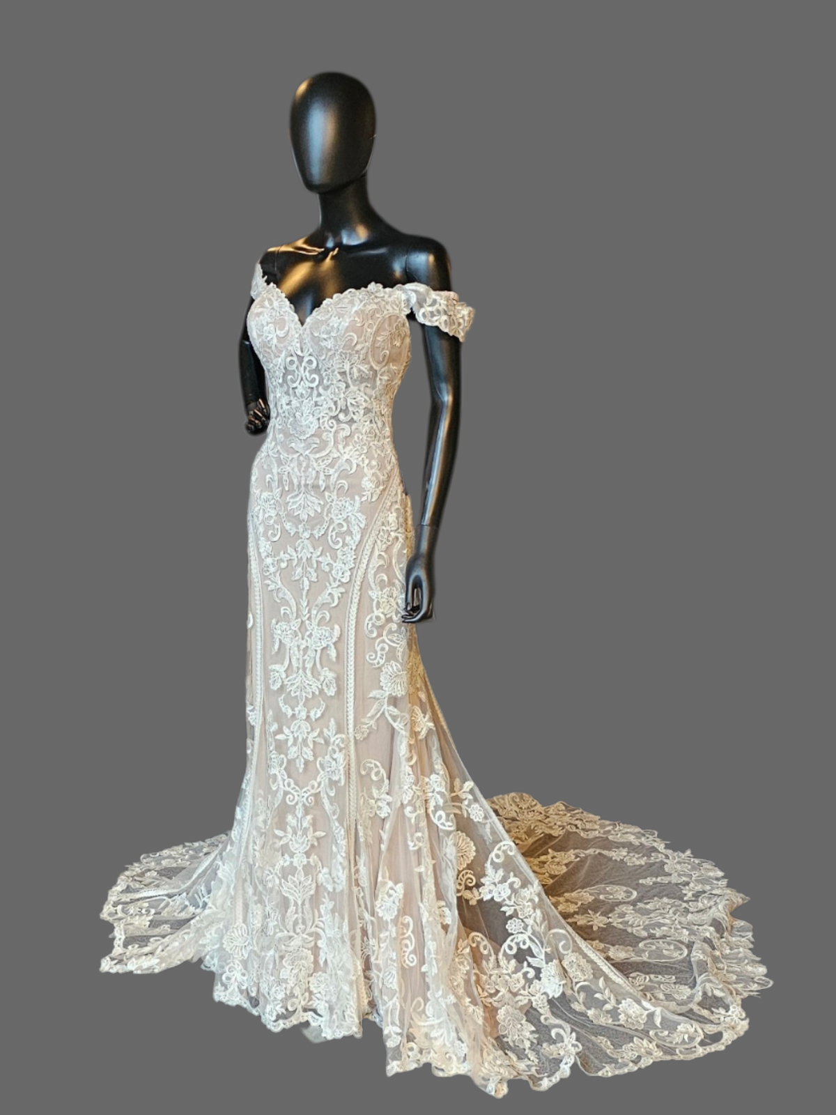 Nude/Ivory Lace Deco Off Shoulder Fitted Wedding Gown - Allure