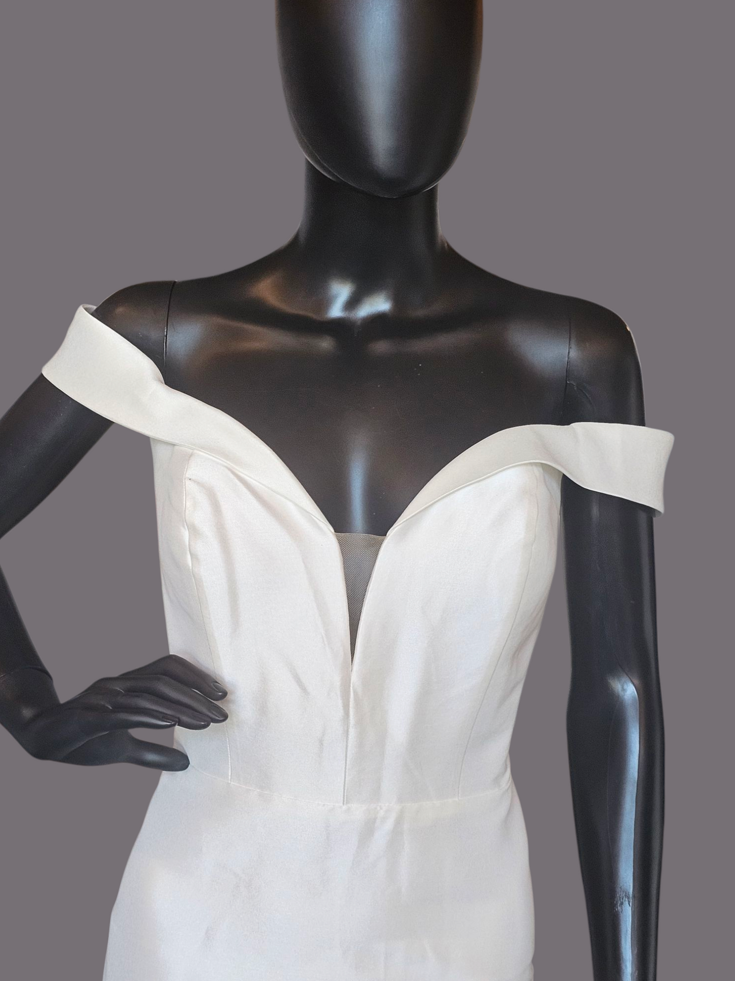 Ivory Satin Twill Fit-Flare Off Shoulder Wedding Gown - Allure Bridals