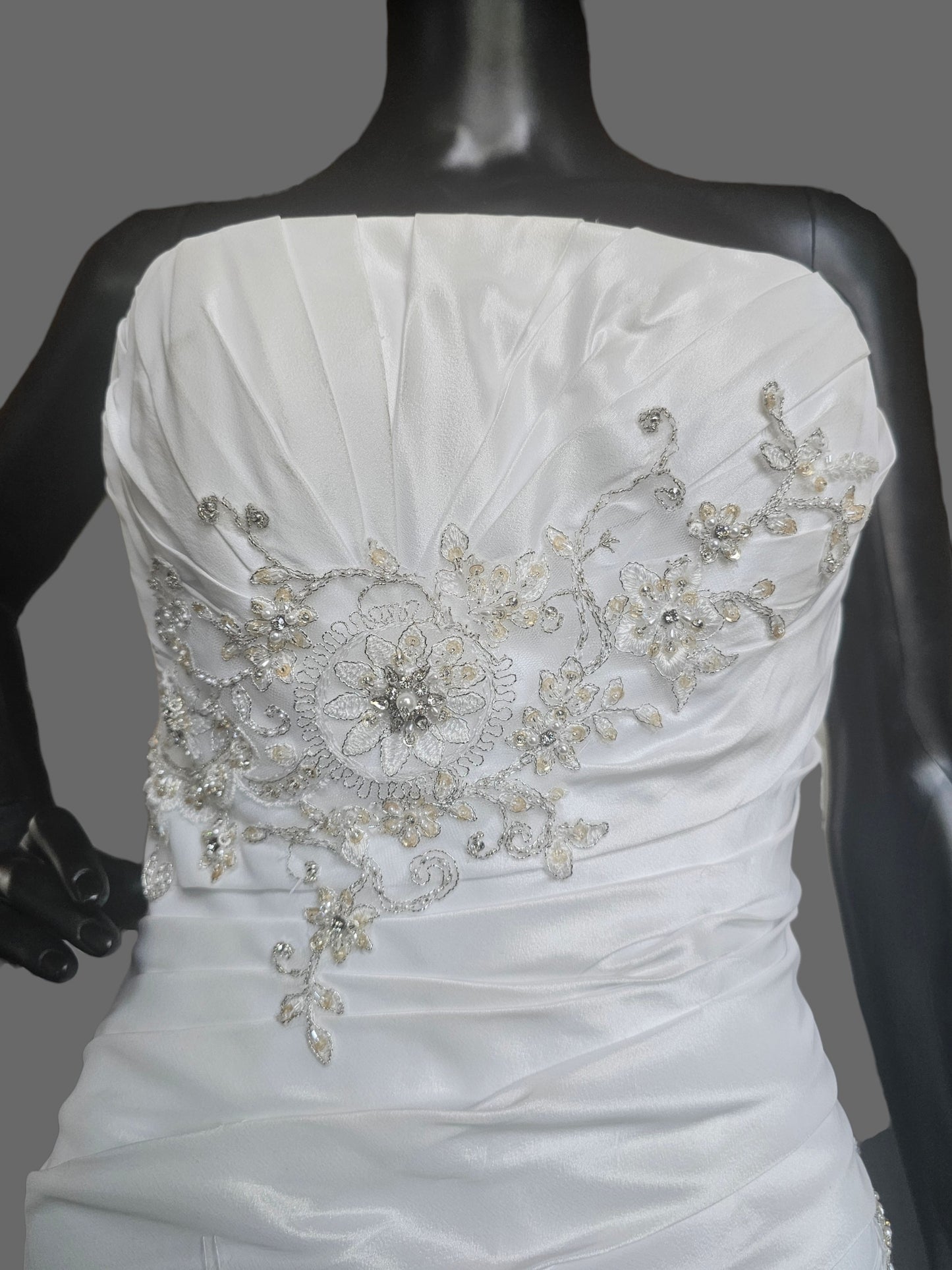 White Taffeta Side Sweep Detailed Applique Strapless Wedding Gown - Casablanca