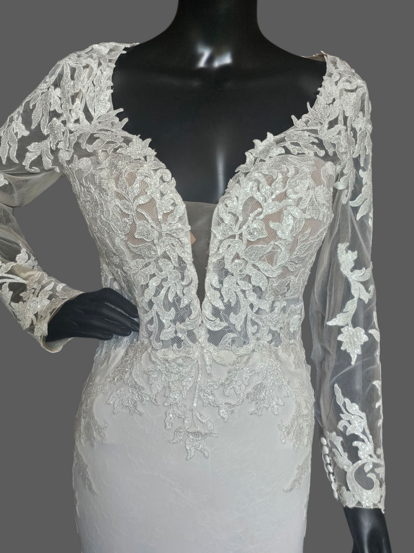 Ivory Lace Overlay Long Sleeve Plunge Fit/Flare Scallop Train Wedding Gown - Mori Lee