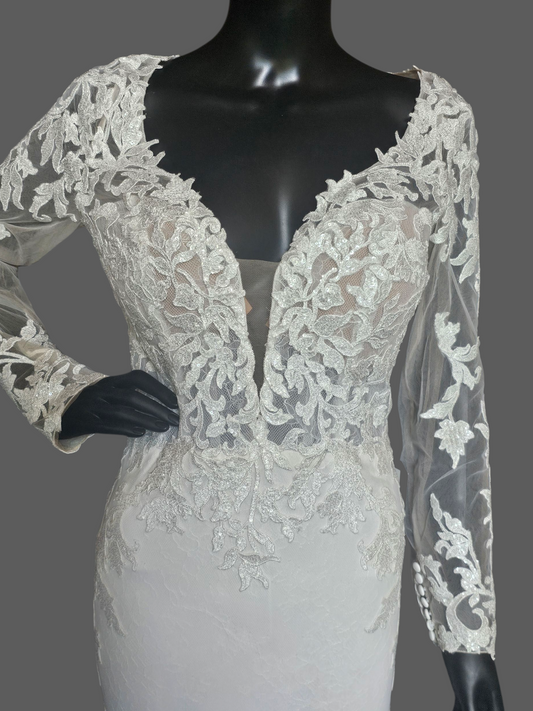 Ivory Lace Overlay Long Sleeve Plunge Fit/Flare Scallop Train Wedding Gown - Mori Lee