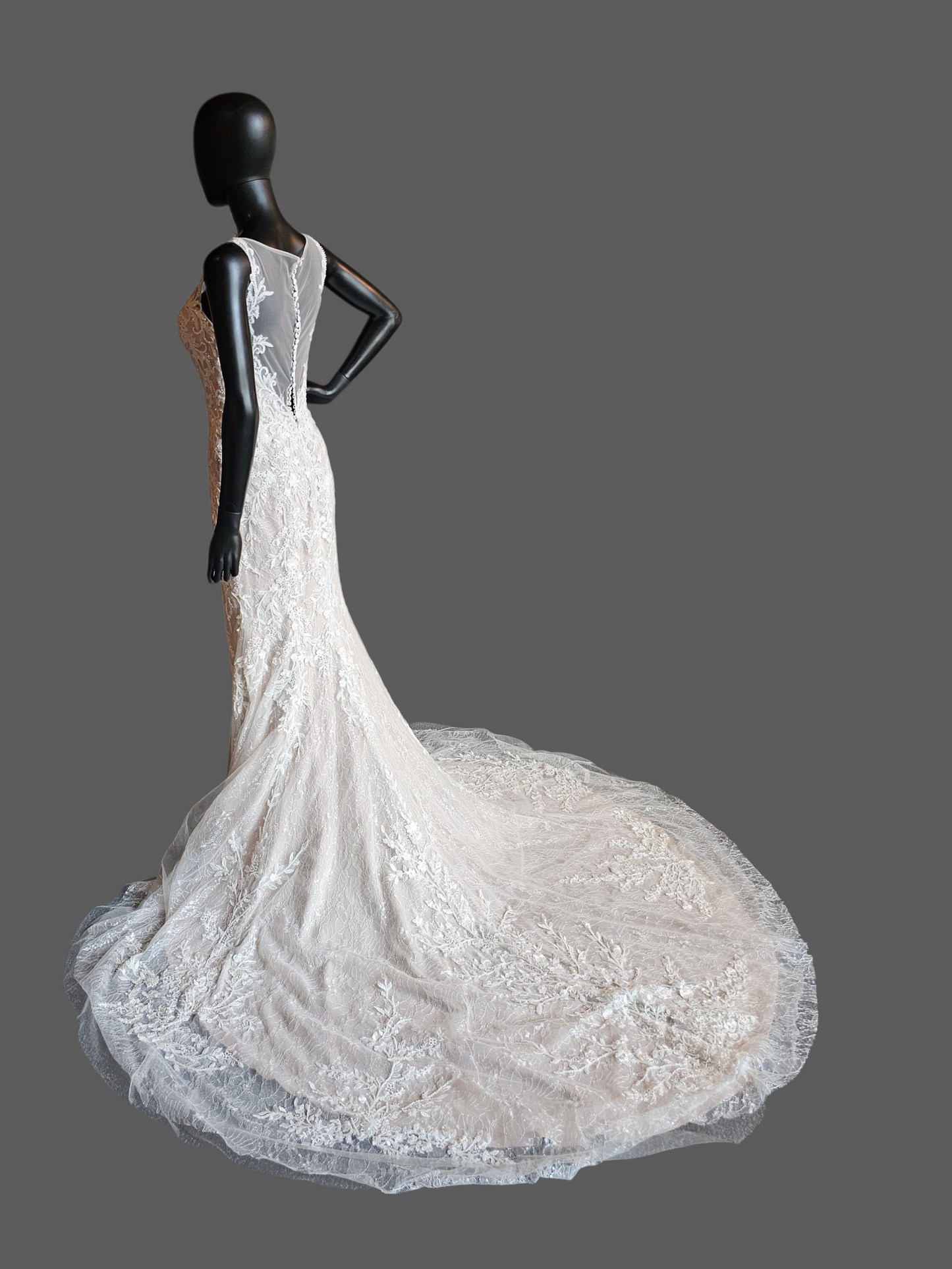 Ivory/Latte Beaded Lace Illusion Back Plunge Fit and Flare Wedding Gown - Da Vinci