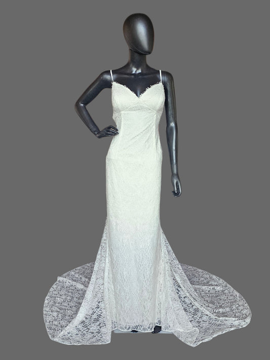 Floral Lace Fit/Flare Open Back Spaghetti Strap Fitted Wedding Gown - Galina