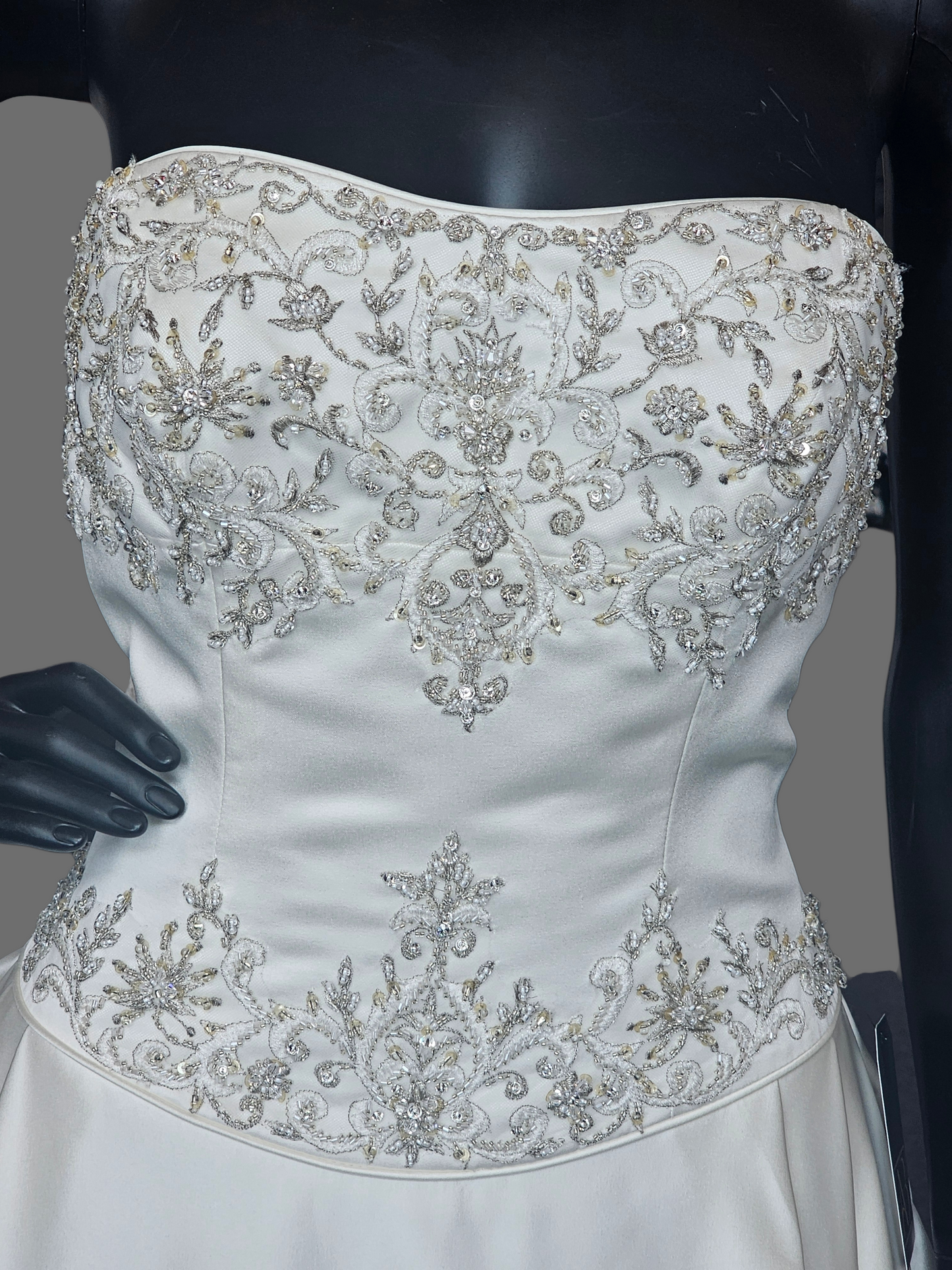 Ivory Satin Strapless Basque Waist Embroidered Wedding Gown  - Signature
