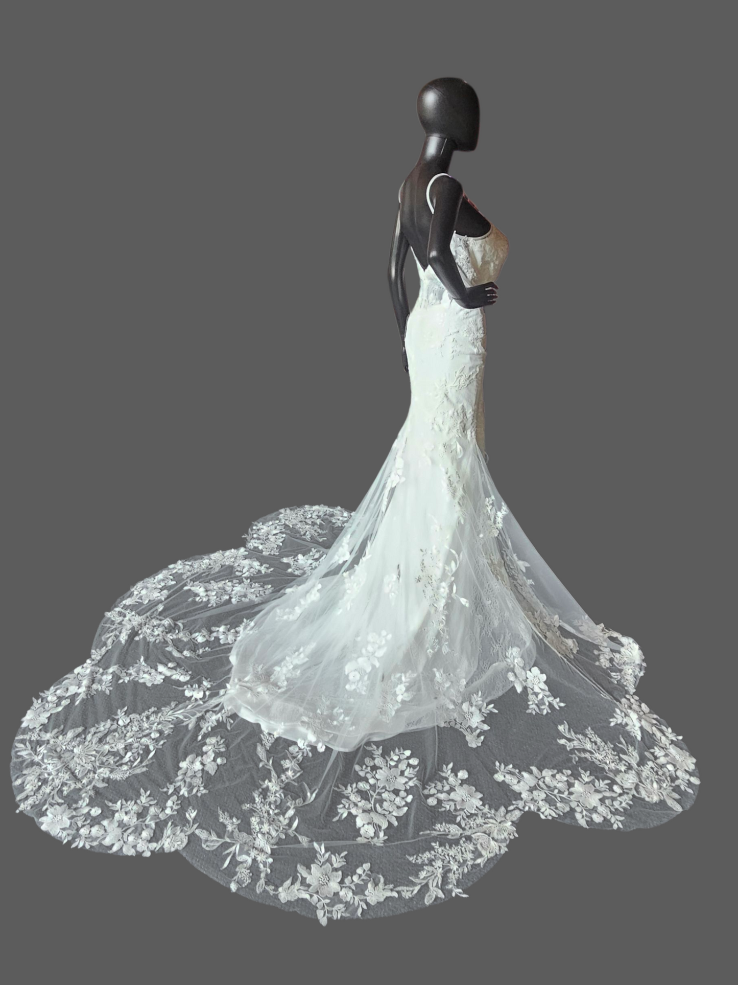 Ivory Fitted Spaghetti Strap Plunge Scallop Train Wedding Gown - Stella Couture