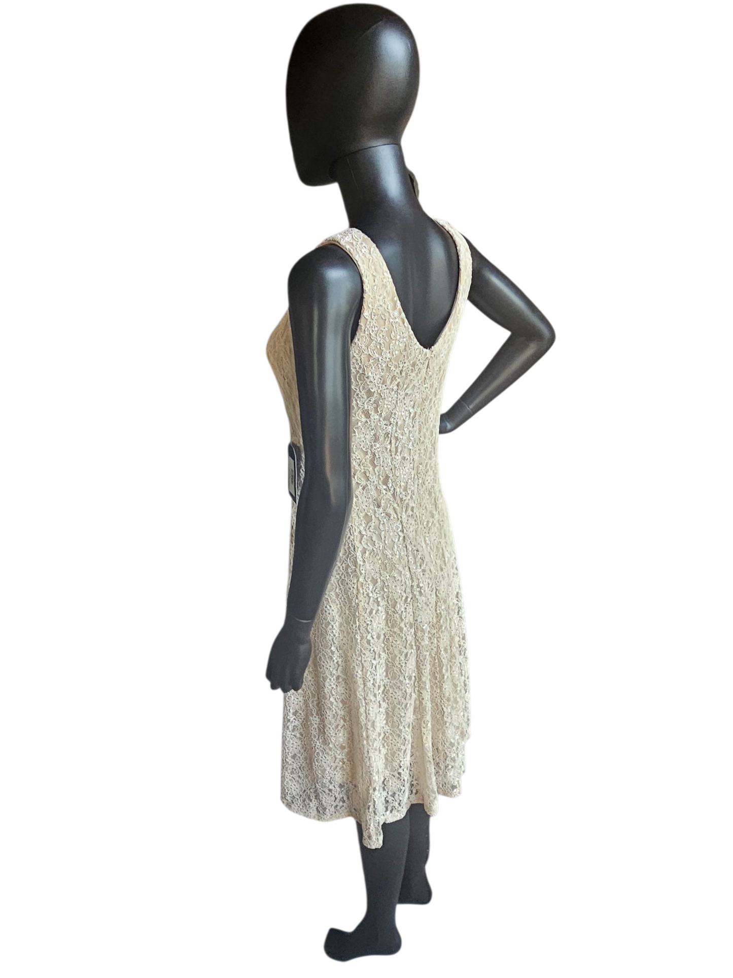 Champagne/Silver V-Neck Lace Mid-Length Cocktail Dress - J. Taylor