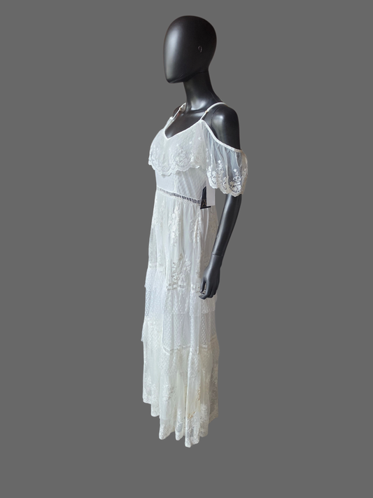 Tiered Ivory Lace Draped Shoulder Boho Maxi Dress - The Red Room