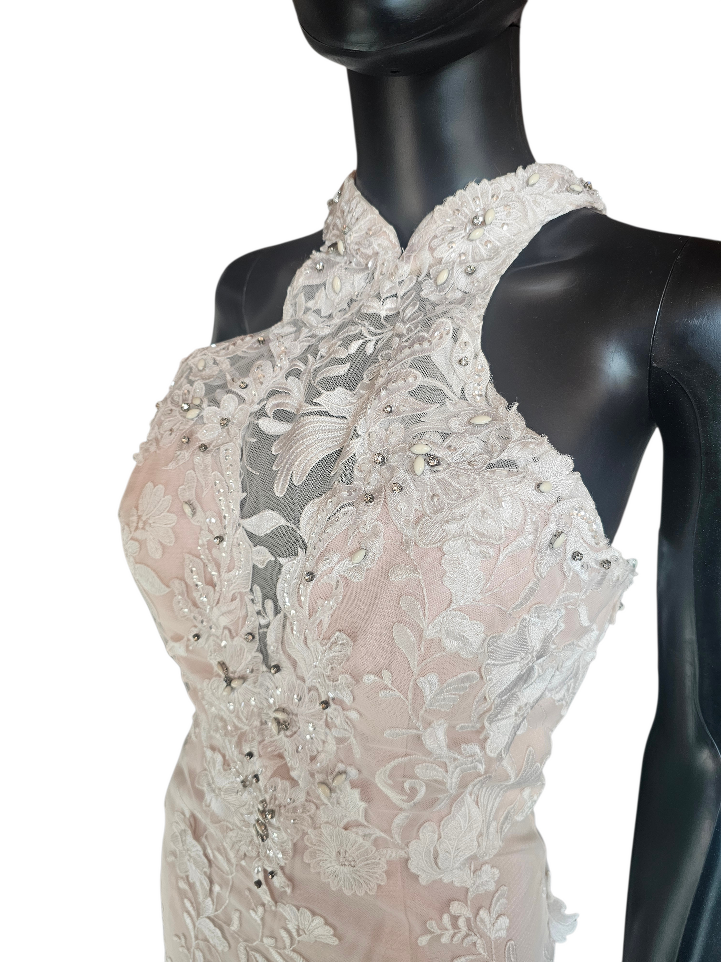 Rose/Ivory Lace Halter Fit/Flare Prom/Party Formal Dress - Mori Lee