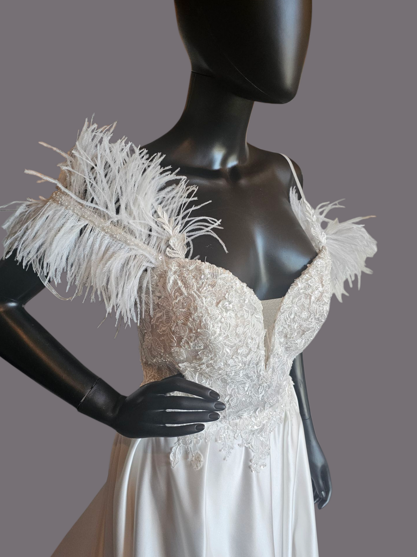 Ivory Satin Plunge Illusion Bodice Removable Feather Straps Wedding Gown - Amy & Eve