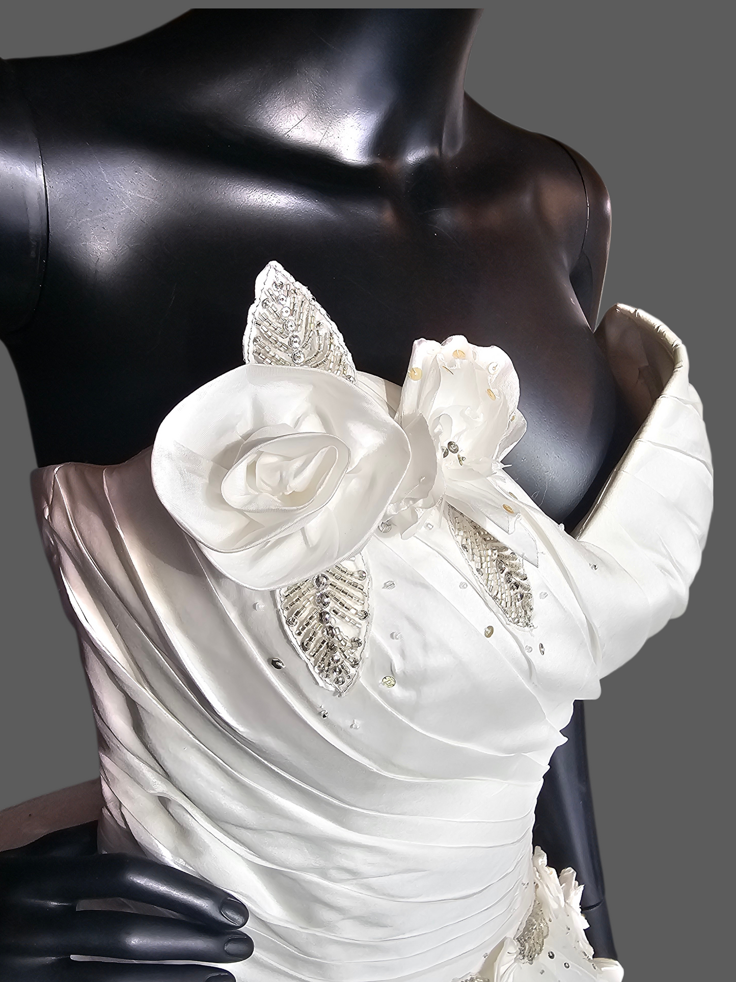 White Asymmetrical Floral Accent Wedding Ballgown - Bill Levkoff