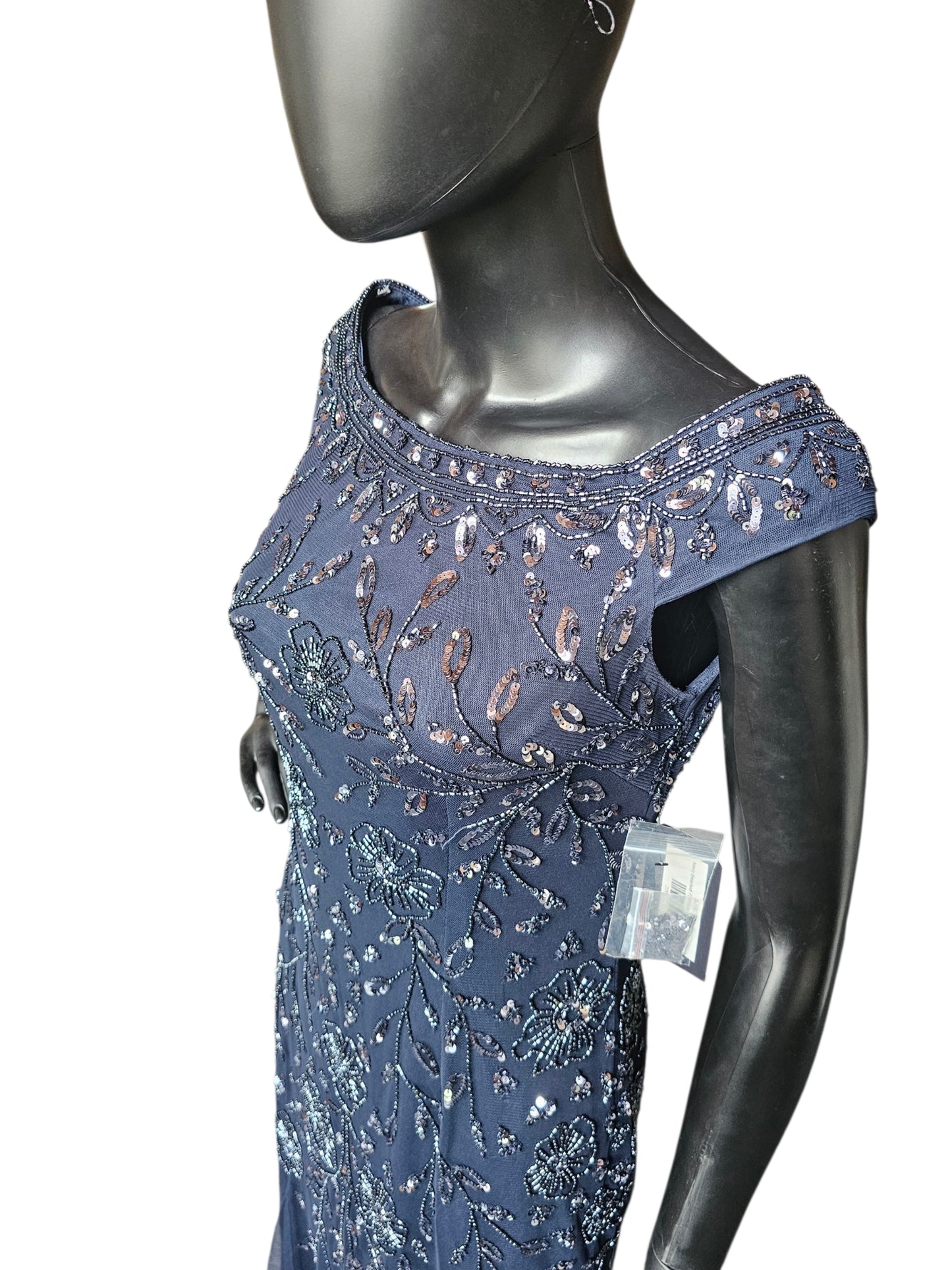 Navy Beaded Fit/Flare Off Shoulder Full Length Formal Dress - Oleg Cassini