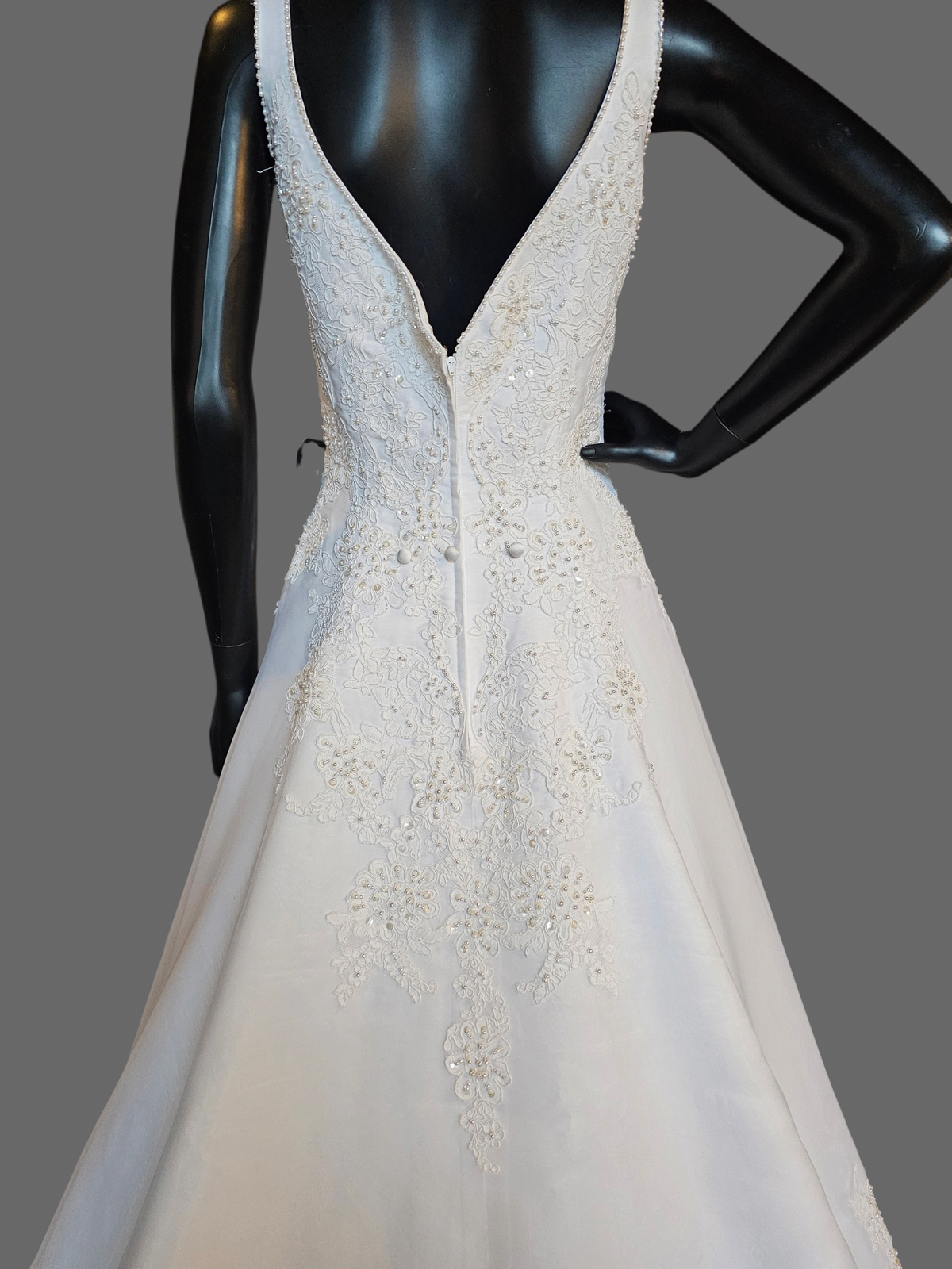 V-Neck Lace Applique Organza Wedding Gown - Oleg Cassini