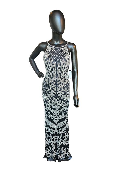 Black/Silver/Pearl Halter Fitted Formal/Prom/Gala Dress - Abby Paris