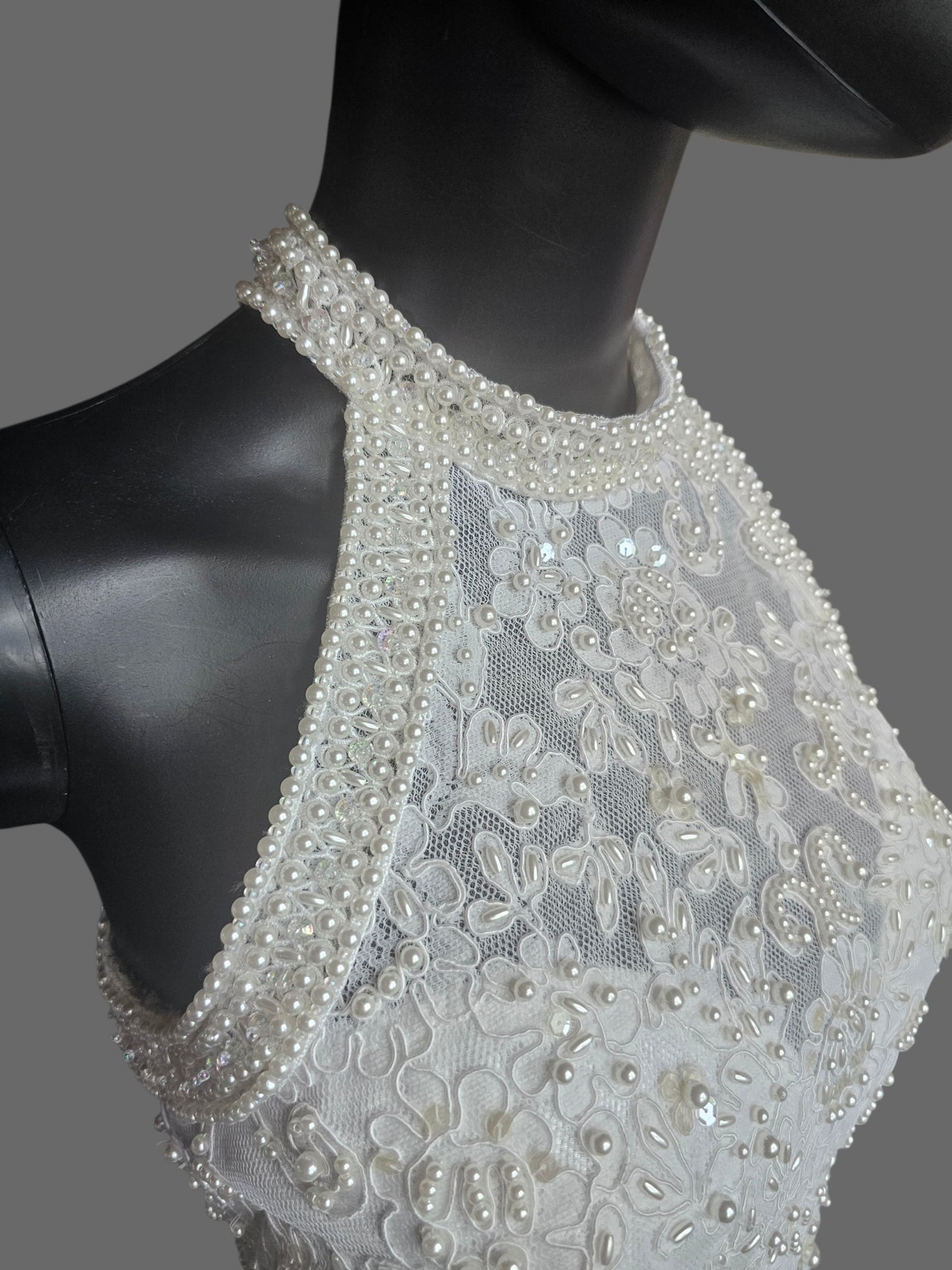 Vintage 90's Pearl Racer Halter Tulle Ballgown Wedding Dress  - Mori Lee