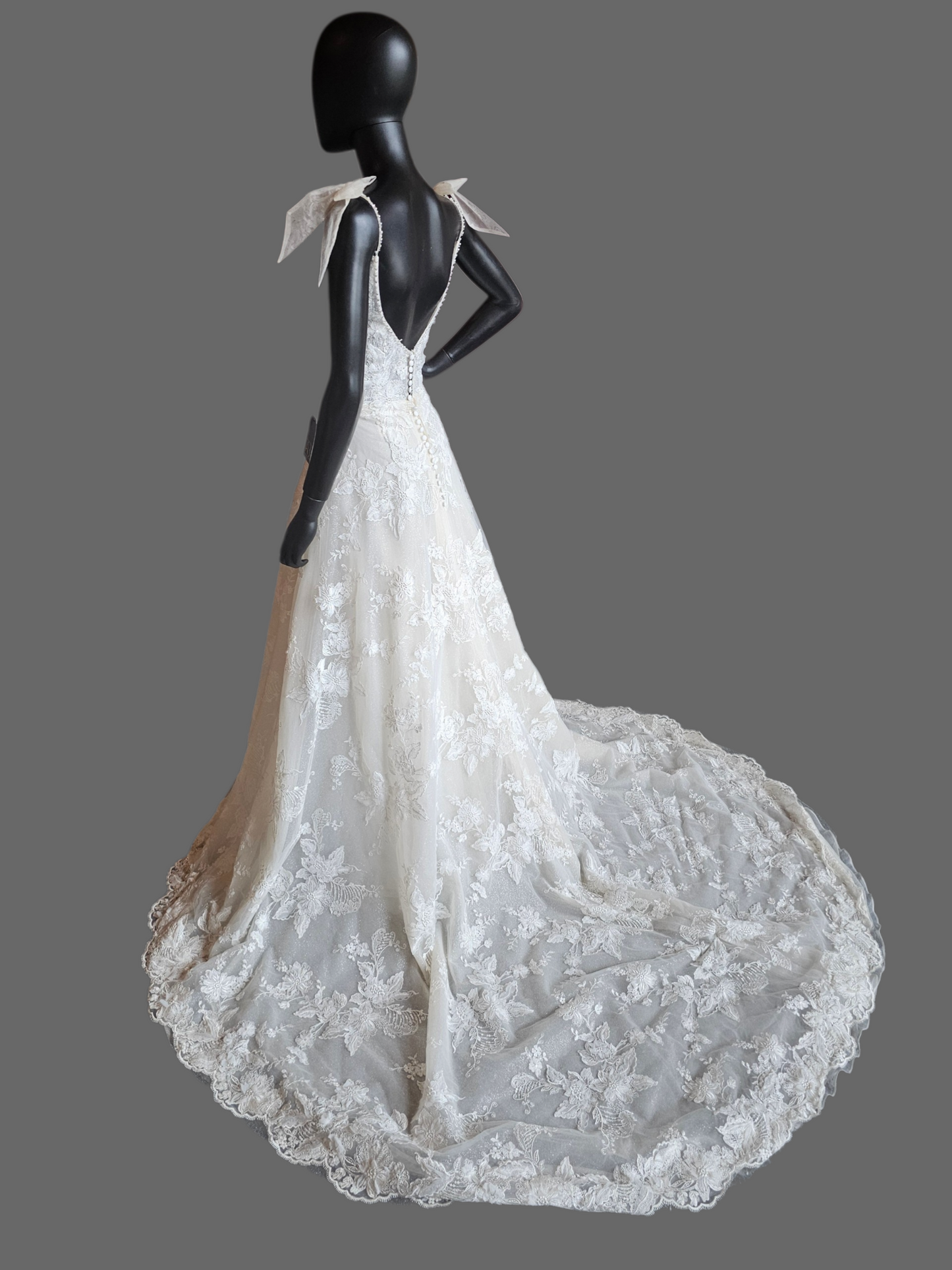 Honey 3D Floral Plunge Bow Shoulder Wedding Gown - Martin Thornburg
