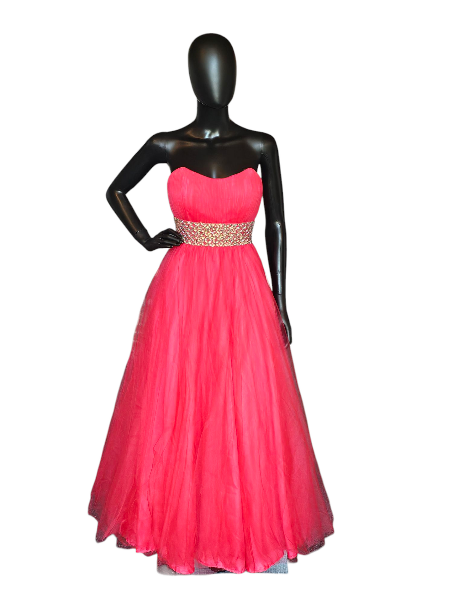 Pink/Coral Tulle Crystal A-line Formal Gown