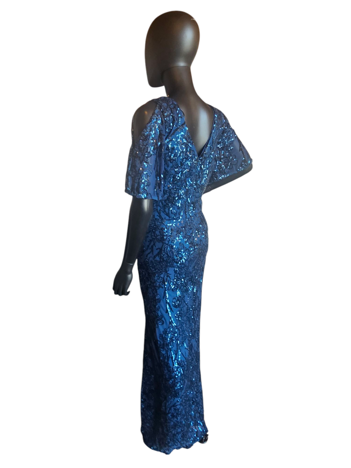 Royal Blue Beaded Cold Shoulder Flutter Sleeve Formal Gown - Alex Evenings