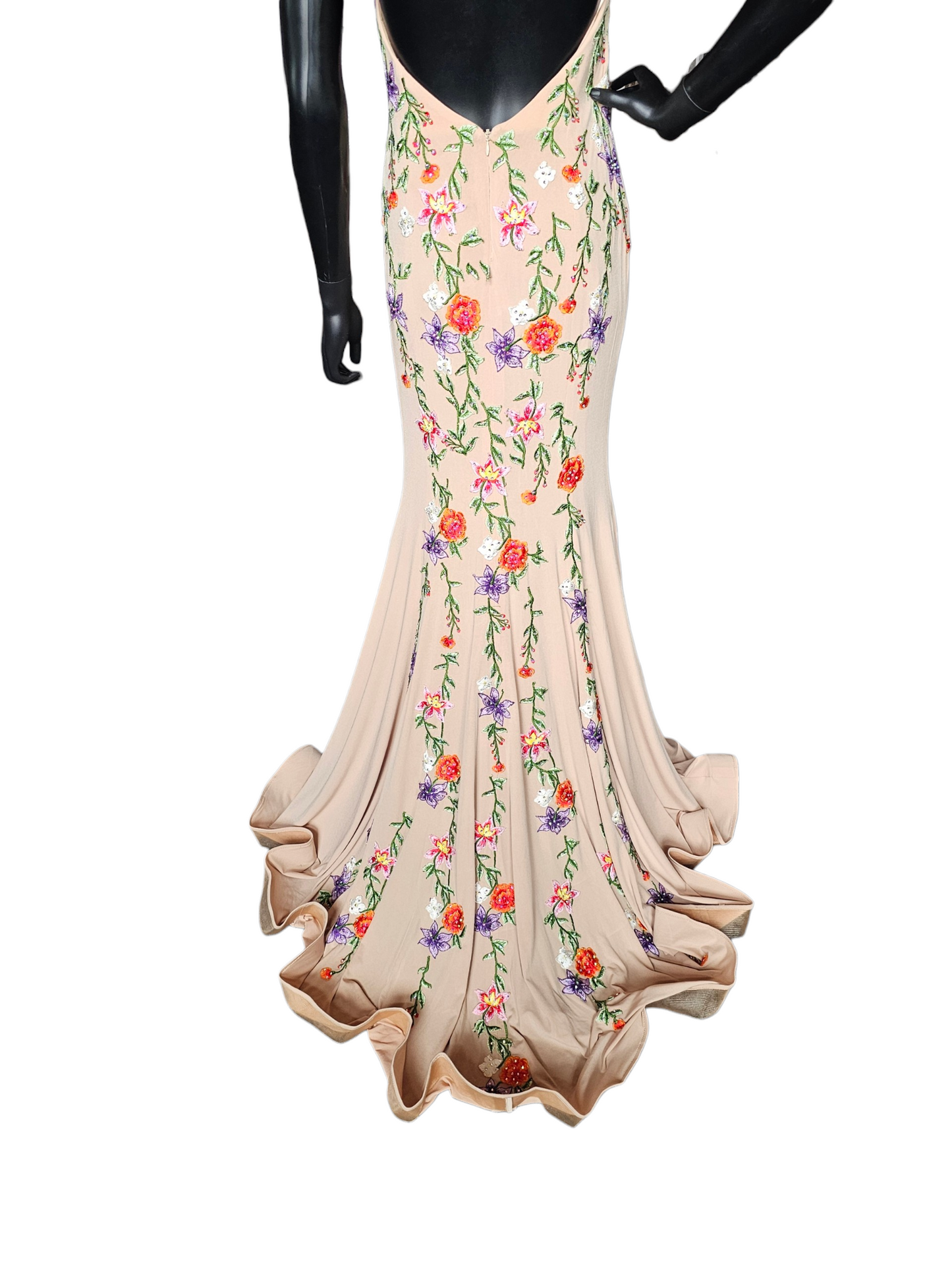 Nude/Multi Floral Halter Stretch Jersey Fit/Flare Formal Dress NWT - Jovani