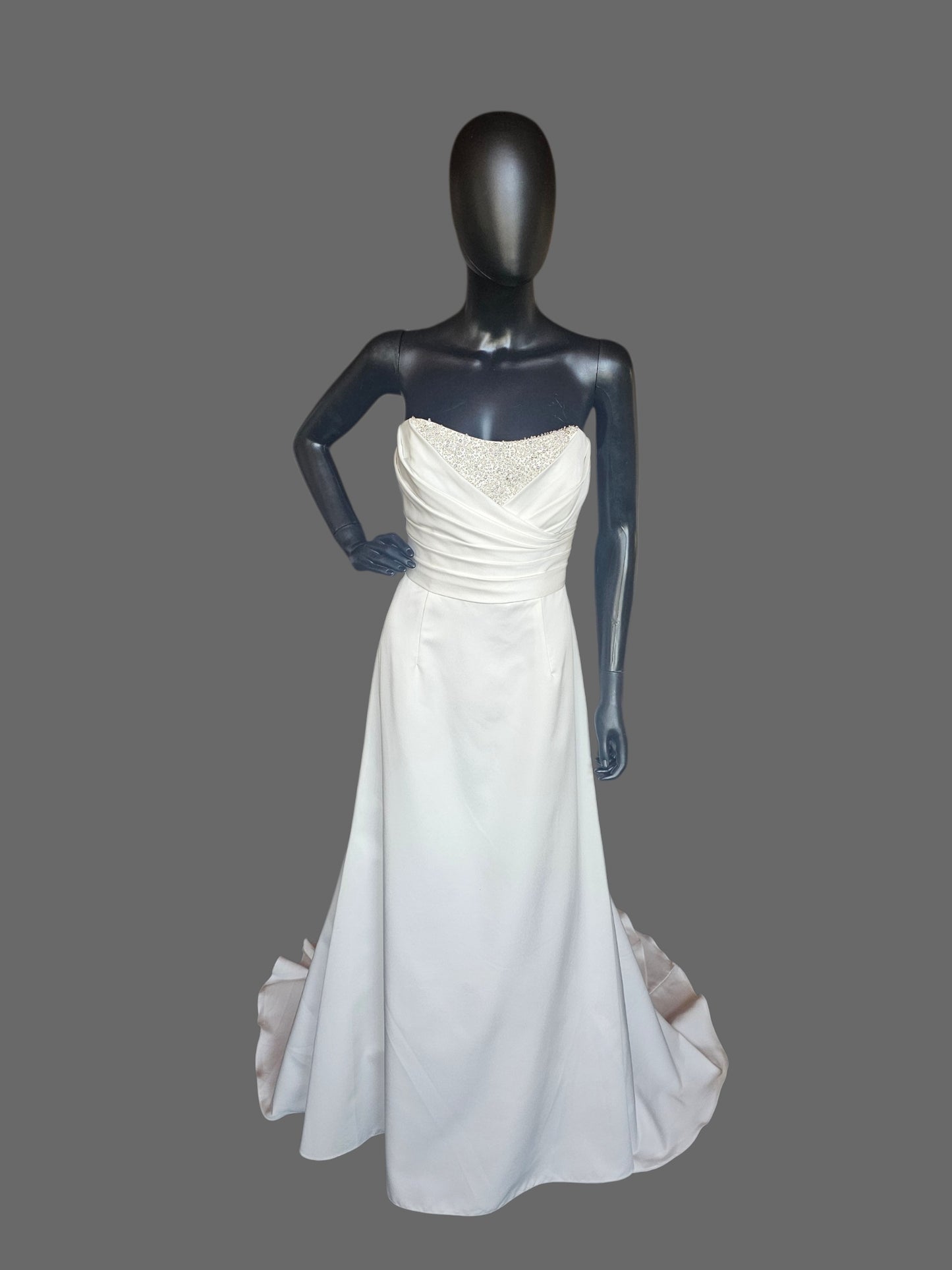 Cream Silky Satin Strapless Beaded Side Sweep Wedding Gown - Alfred Angelo