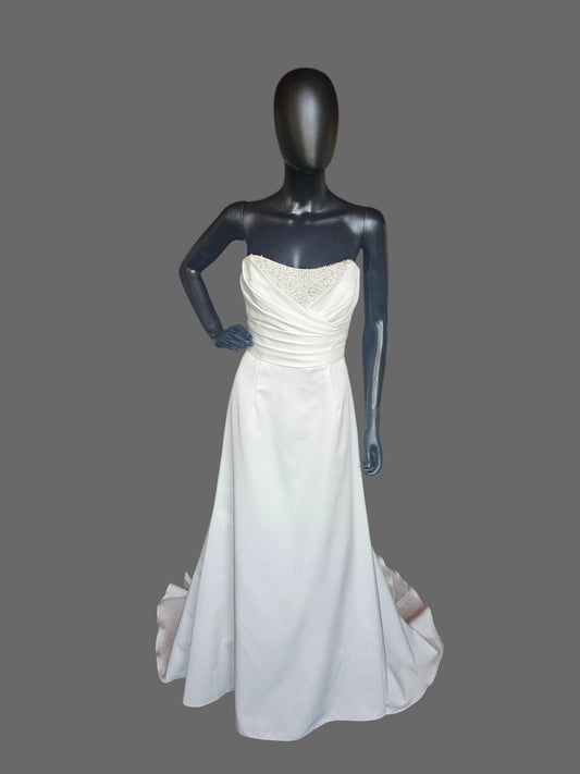 Cream Silky Satin Strapless Beaded Side Sweep Wedding Gown - Alfred Angelo