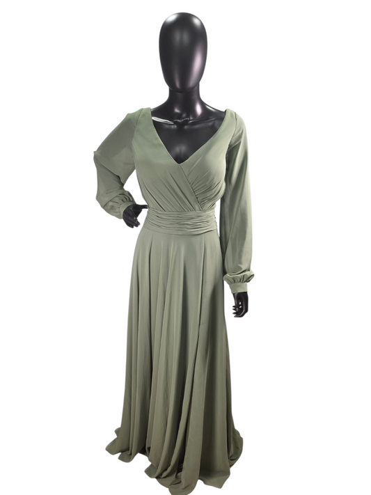 Evergreen A-Line Chiffon V-Neck Open Back Pilgrim Sleeve Formal/Mom's/Bridesmaid Dress- Kanalik
