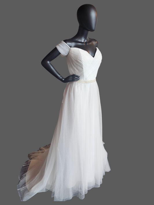 Ivory Swiss Dot Off Shoulder Cap Sleeve Pearl Belt Wedding Dress - Da Vinci