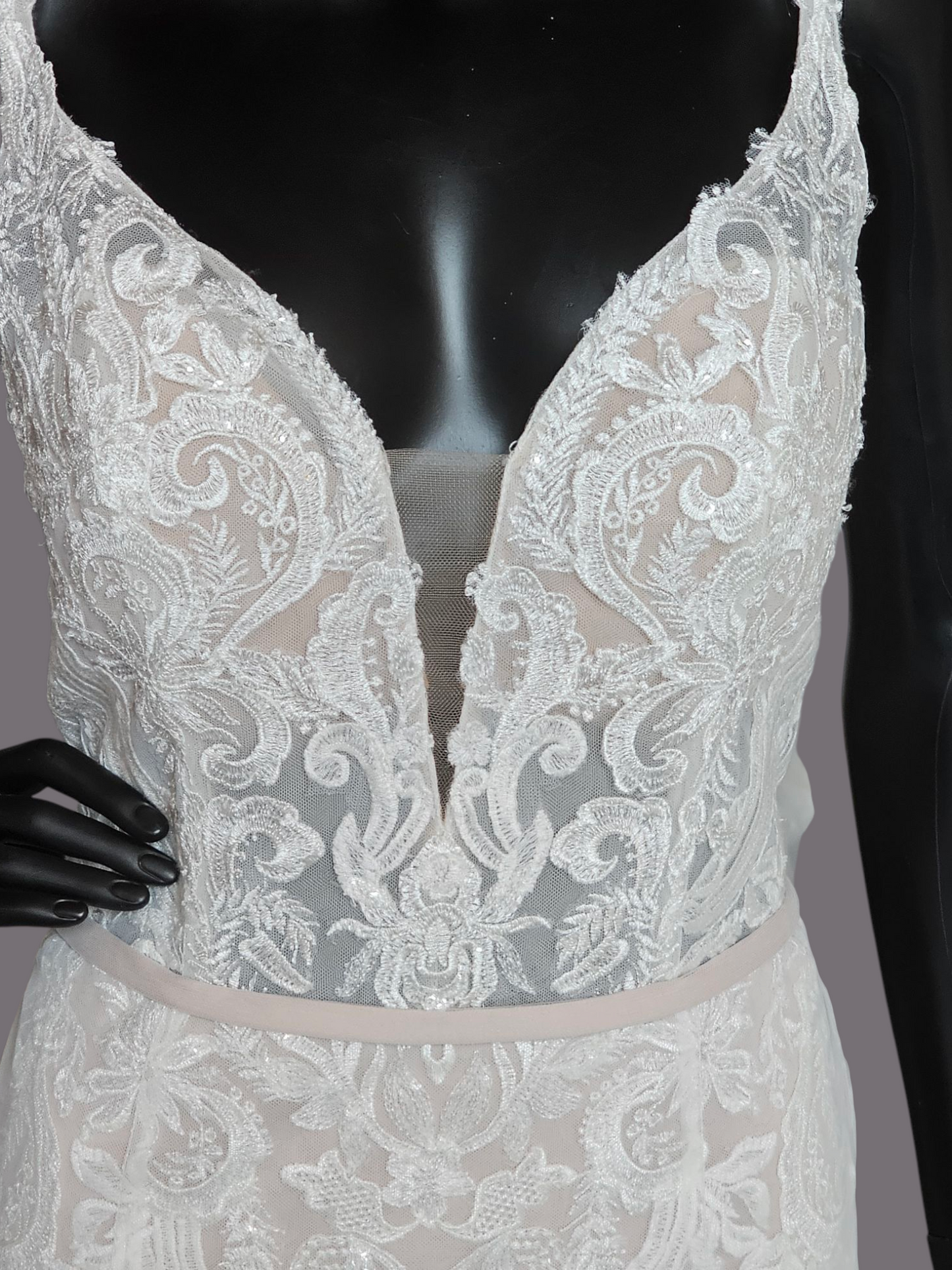 Ivory/Cappuccino Lace Applique Fit and Flare - Mori Lee