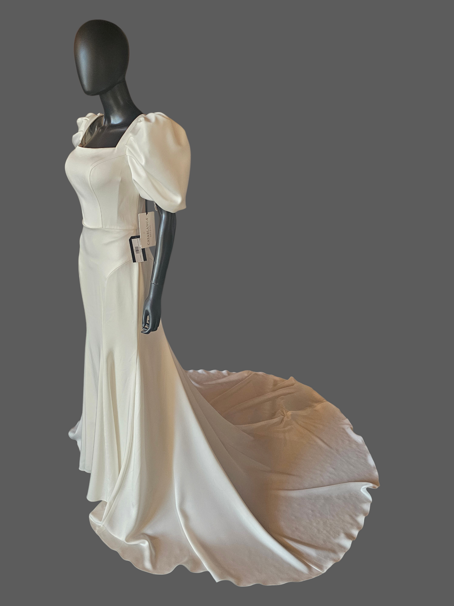 Ivory Silky Satin Fitted Square Neck Puff Sleeve Minimalist Wedding Gown - Casablanca