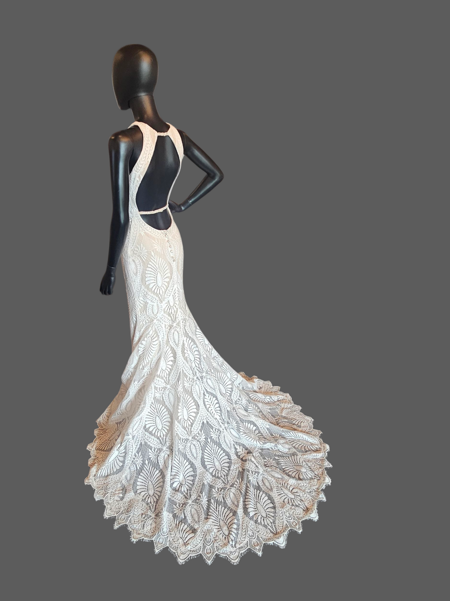 Boho Open Weave Lace Racer Halter Open Back Fitted Wedding Gown  - Wilderly Bride