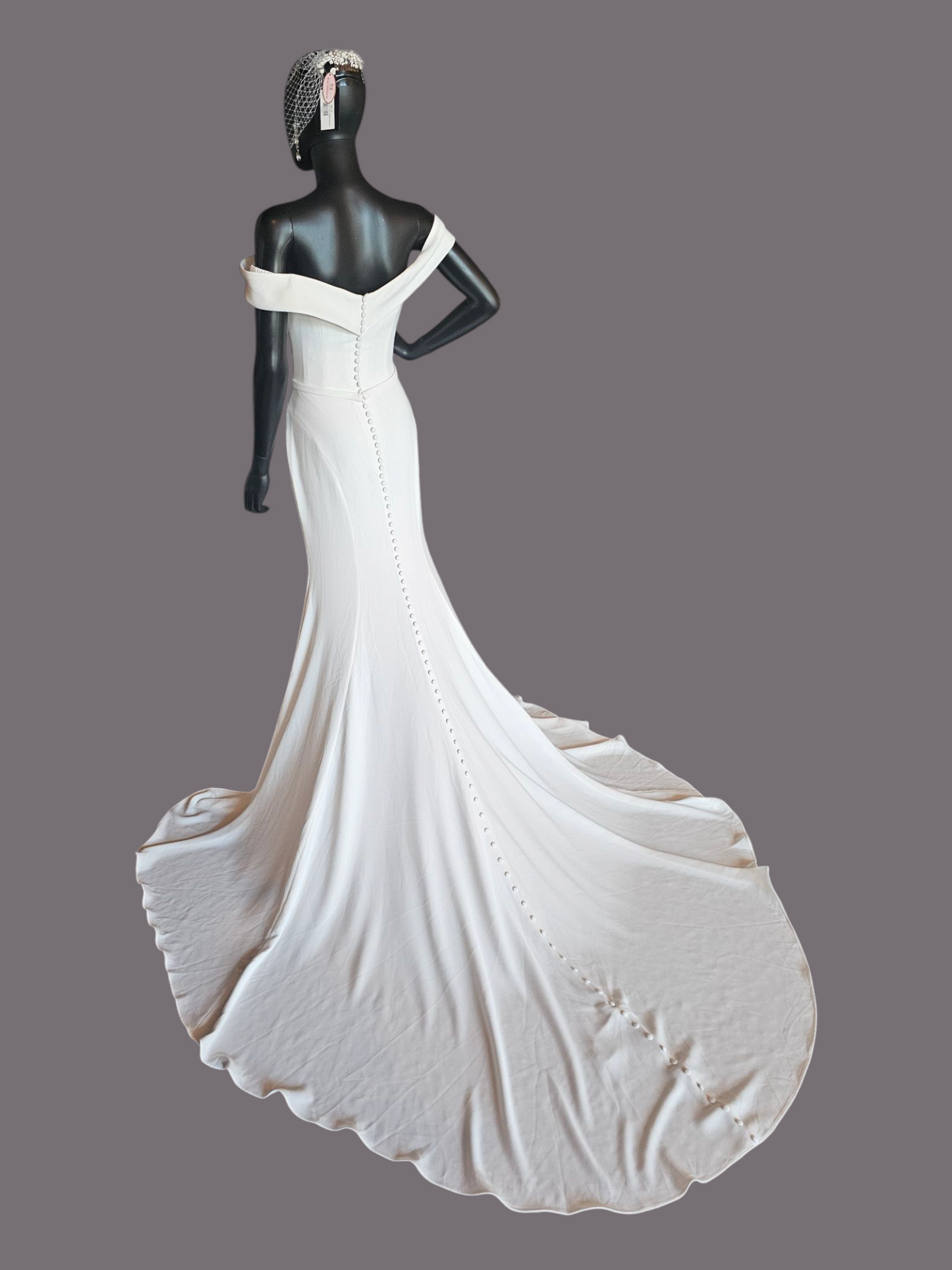 Ivory Off Shoulder Fitted Crepe Wedding Gown