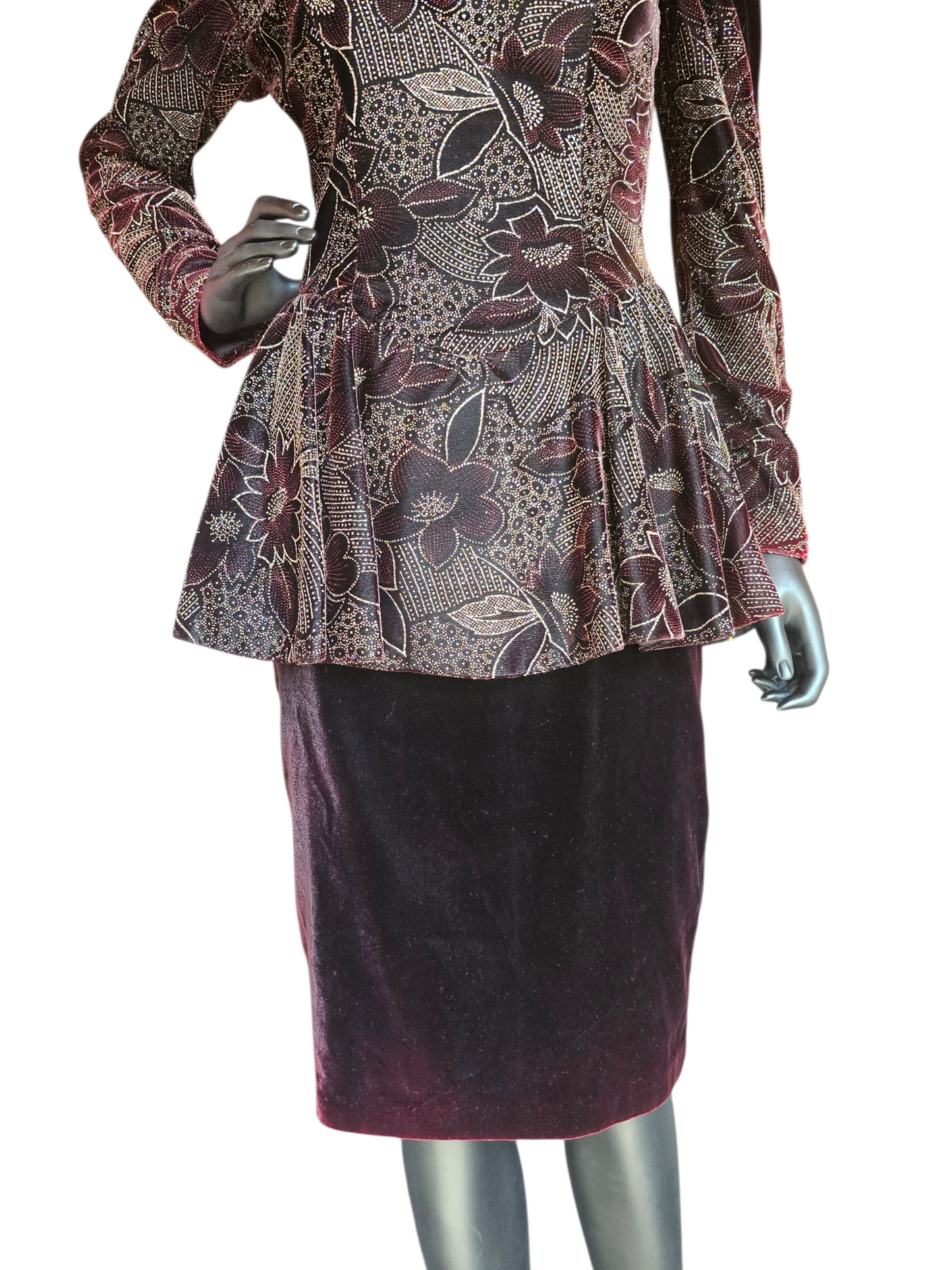 Vintage Dark Burgandy Velvet Peplum Party Dress - Jessica McClintock