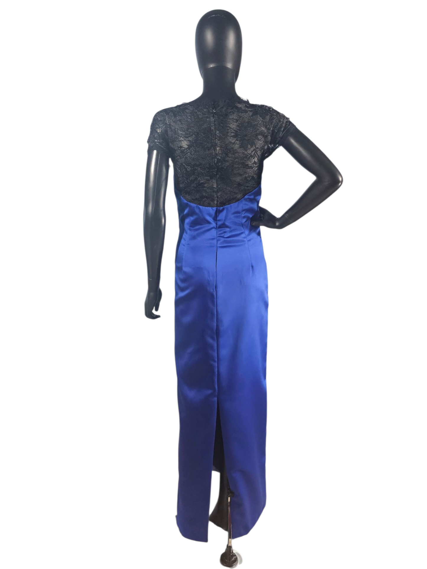 Royal Blue/Black Lace Cap Sleeve Full Length Formal Dress - Da Vinci