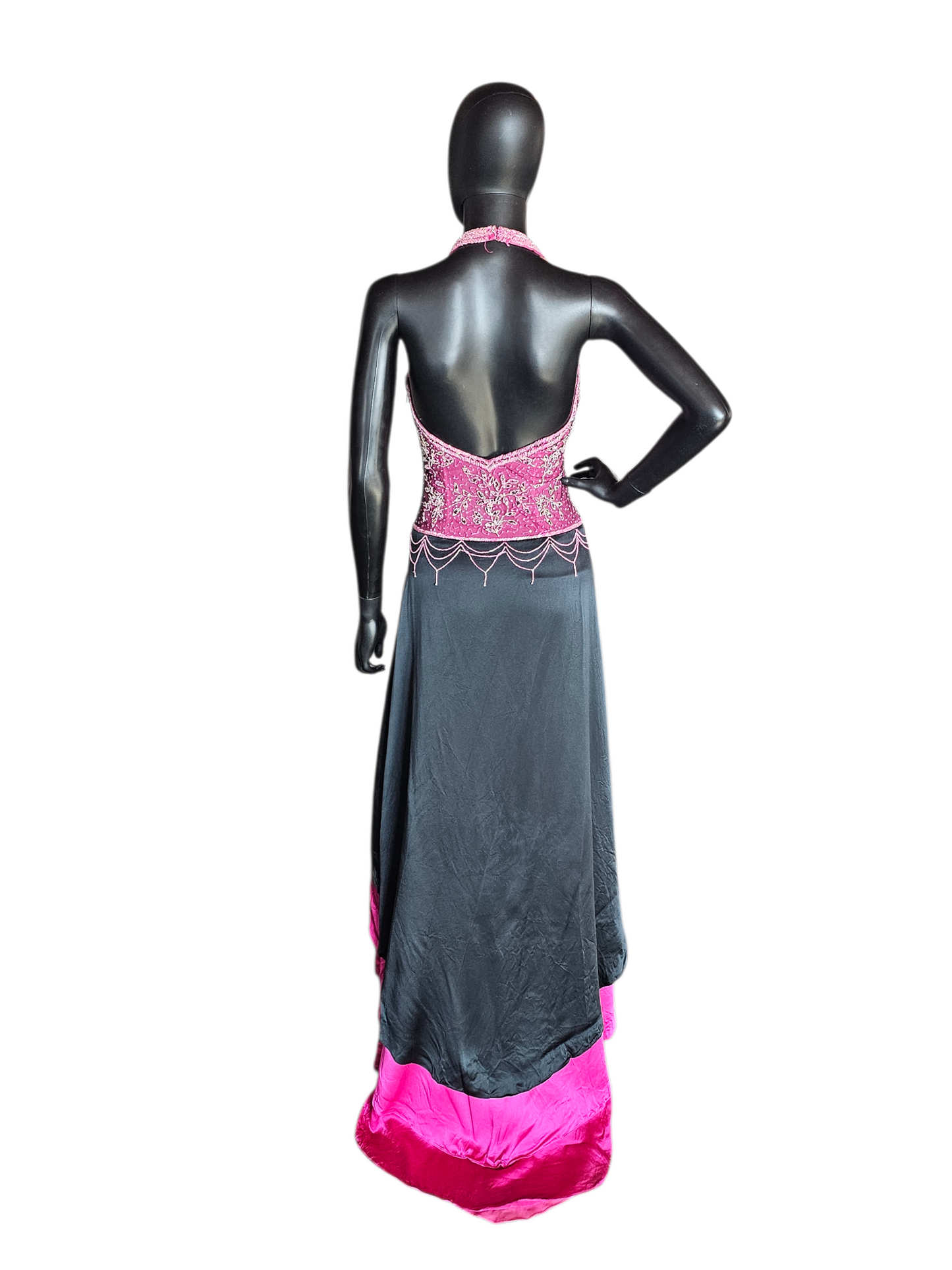Vintage Y2K 100% Silk Pink/Black Halter High Low Hem Dress - Cassandra Stone